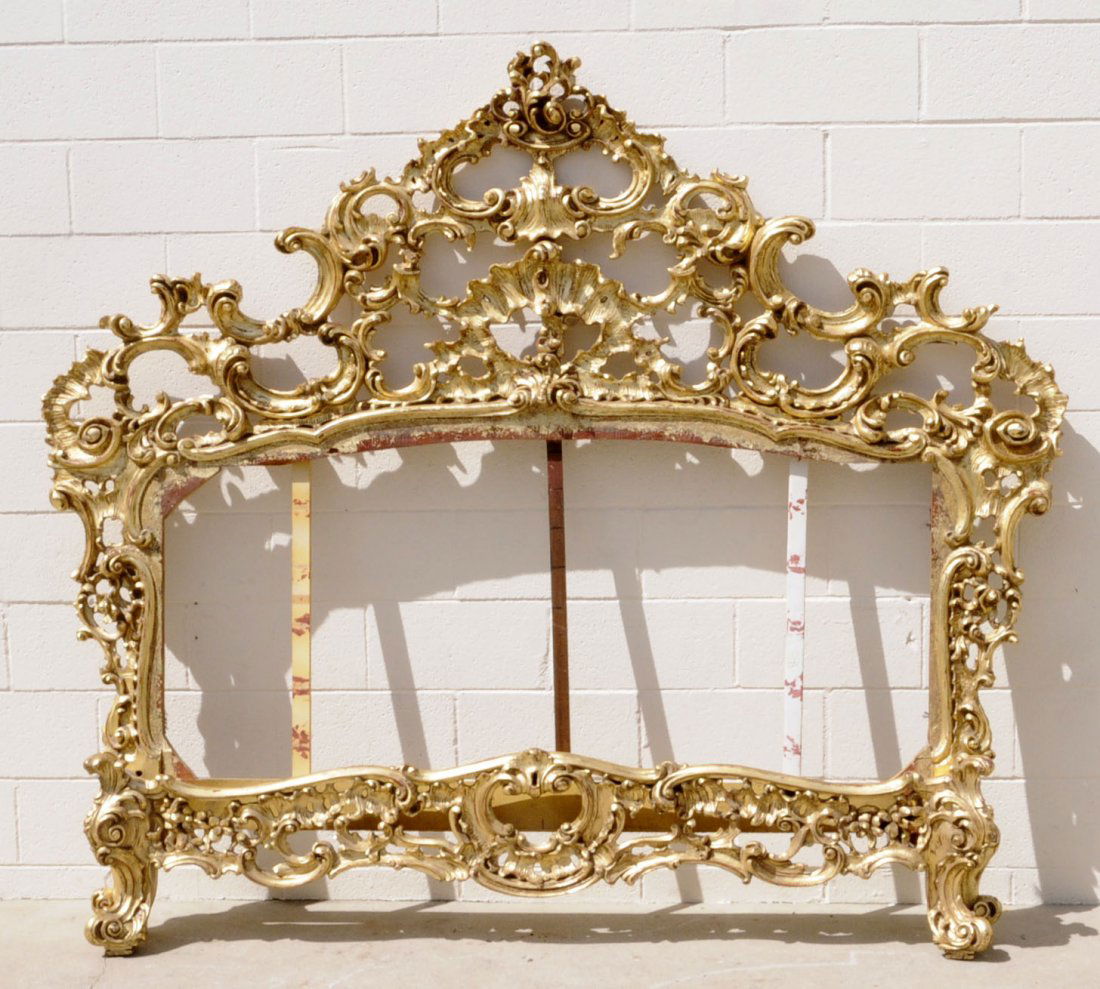 ANTIQUE FRENCH LXV STYLE CARVED GILTWOOD BED. OPEN: ANTIQUE FRENCH LXV STYLE CARVED GILTWOOD BED. OPENWORK SCROLL AND LEAF DECORATION. COMPLETE W/ HEADBOARD, FOOTBOARD & RAILS. (TK) 75" H X 86" W