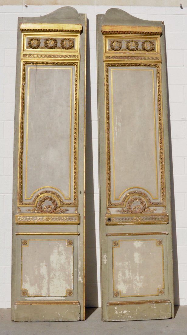 PR. ANTIQUE CARVED FRENCH PAINTED PANELS. GILT FLO: PR. ANTIQUE CARVED FRENCH PAINTED PANELS. GILT FLORAL WREATHS AT THE TOP. RIBBON & SCROLLED LEAF COLUMNS. FLORAL & RIBBON DECORATED CENTER W/ A MIRRORED BACK. THE PANELS ORIGINALLY CAME FROM AN ARMOIR