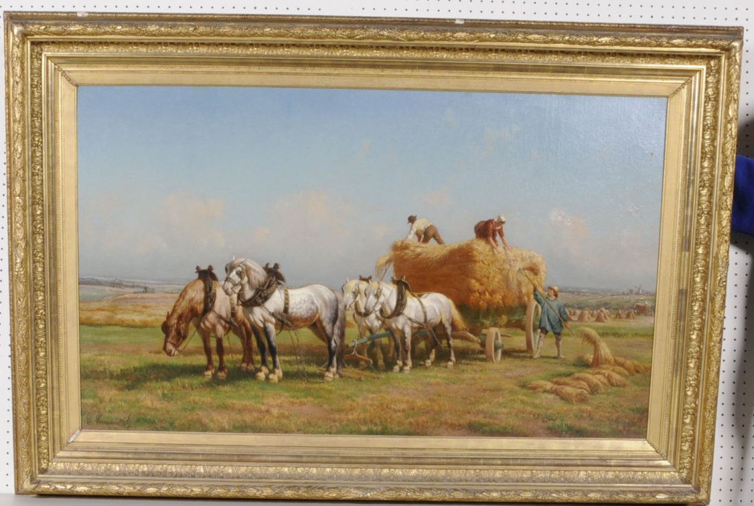 19TH C. BELGIAN OIL PTG/CNV OF A HARVEST SCENE. DE: 19TH C. BELGIAN OIL PTG/CNV OF A HARVEST SCENE. DEPICTING A HORSE DRAWN HAY WAGON W/ A MAN AND A LADY HARVESTING WHEAT. SIGNED C. COUMONT (1822-1889). GILT FRAME. 31" H X 52" W (TK)