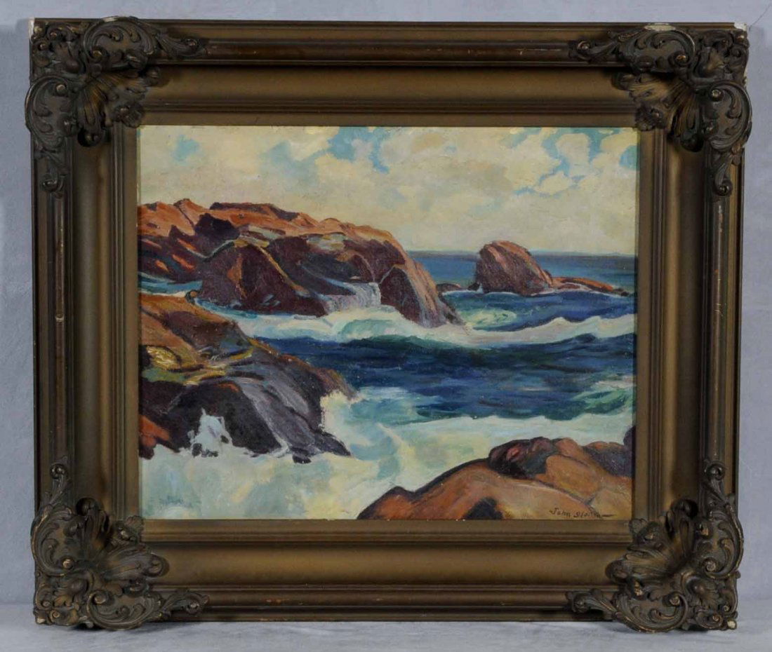 OIL PTG/BD DEPICTING A SEASCAPE W/ A ROCKY SHORE.: OIL PTG/BD DEPICTING A SEASCAPE W/ A ROCKY SHORE. SIGNED JOHN SLOAN. GILT FRAME. 16" H X 20" W