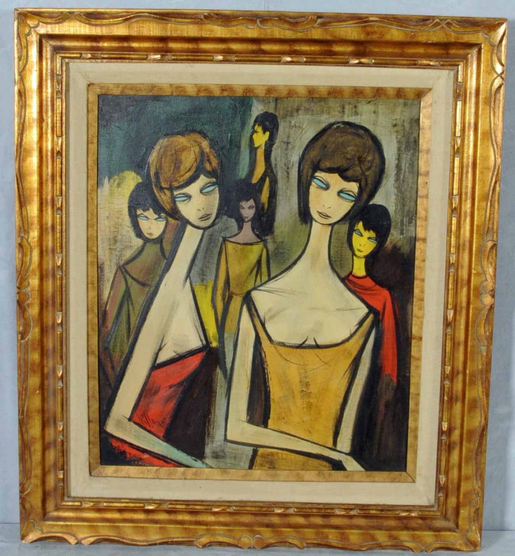 ANTOINE VILLARD OIL PTG/CNV DEPICTING LADIES IN BR: ANTOINE VILLARD OIL PTG/CNV DEPICTING LADIES IN BRIGHT YELLOW & ORANGE DRESSES. SIGNED. GILT FRAME. 24" H X 20" W