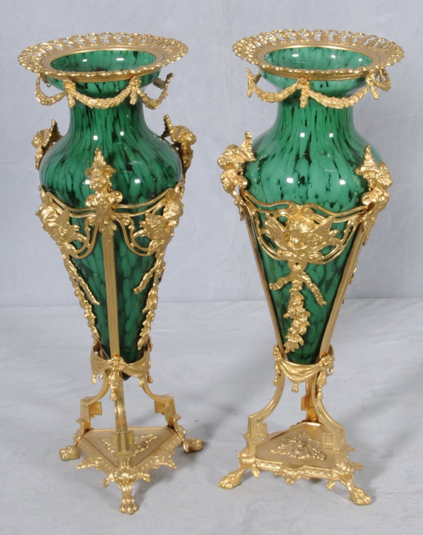 PR. GILT ORMOLU & GREEN GLASS URNS.: ORMOLU HAS FACIAL & FLORAL SWAG DECORATION. TRIPOD FOOTED BASES. 19" H X 8" DIA. (TK)