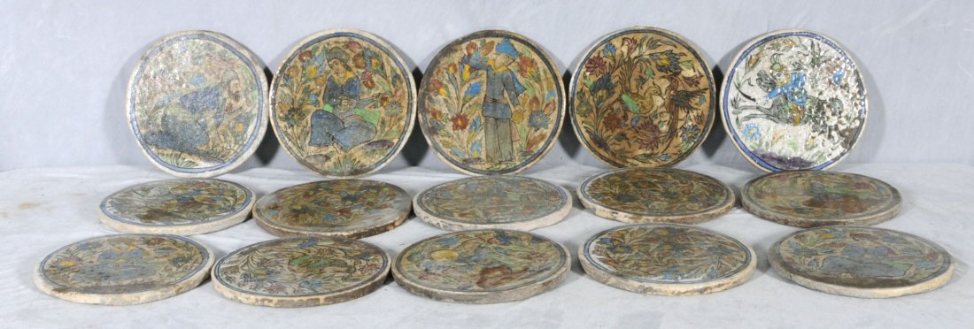 38 ANTIQUE ROUND PERSIAN TILES. FIGURAL, FLORAL & A: 38 ANTIQUE ROUND PERSIAN TILES. FIGURAL, FLORAL & ANIMAL DECORATION. 10 3/8" DIA.