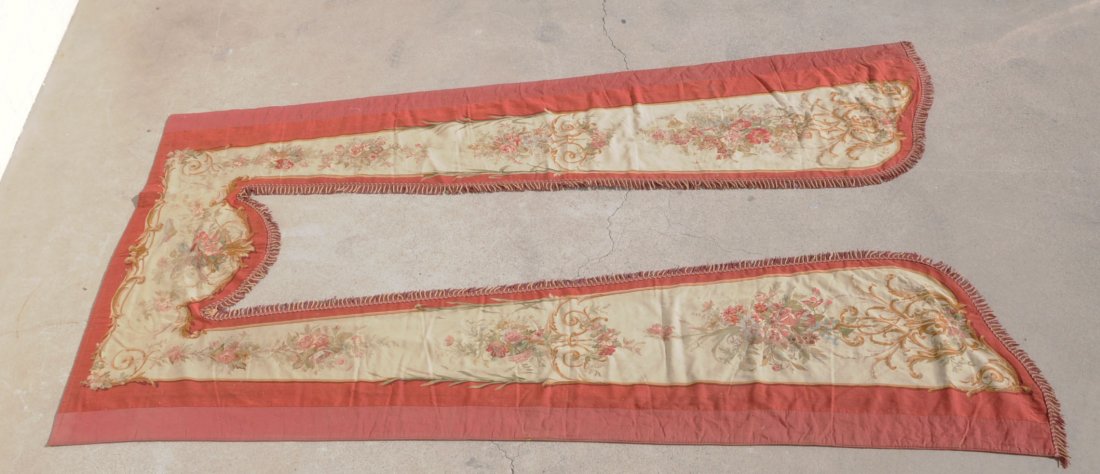 ANTIQUE FRENCH AUBUSSON ARCH W/ MULTI-COLORED PANE: ANTIQUE FRENCH AUBUSSON ARCH W/ MULTI-COLORED PANELS AND RED BORDERS. 11' 10" X 62". (TK)