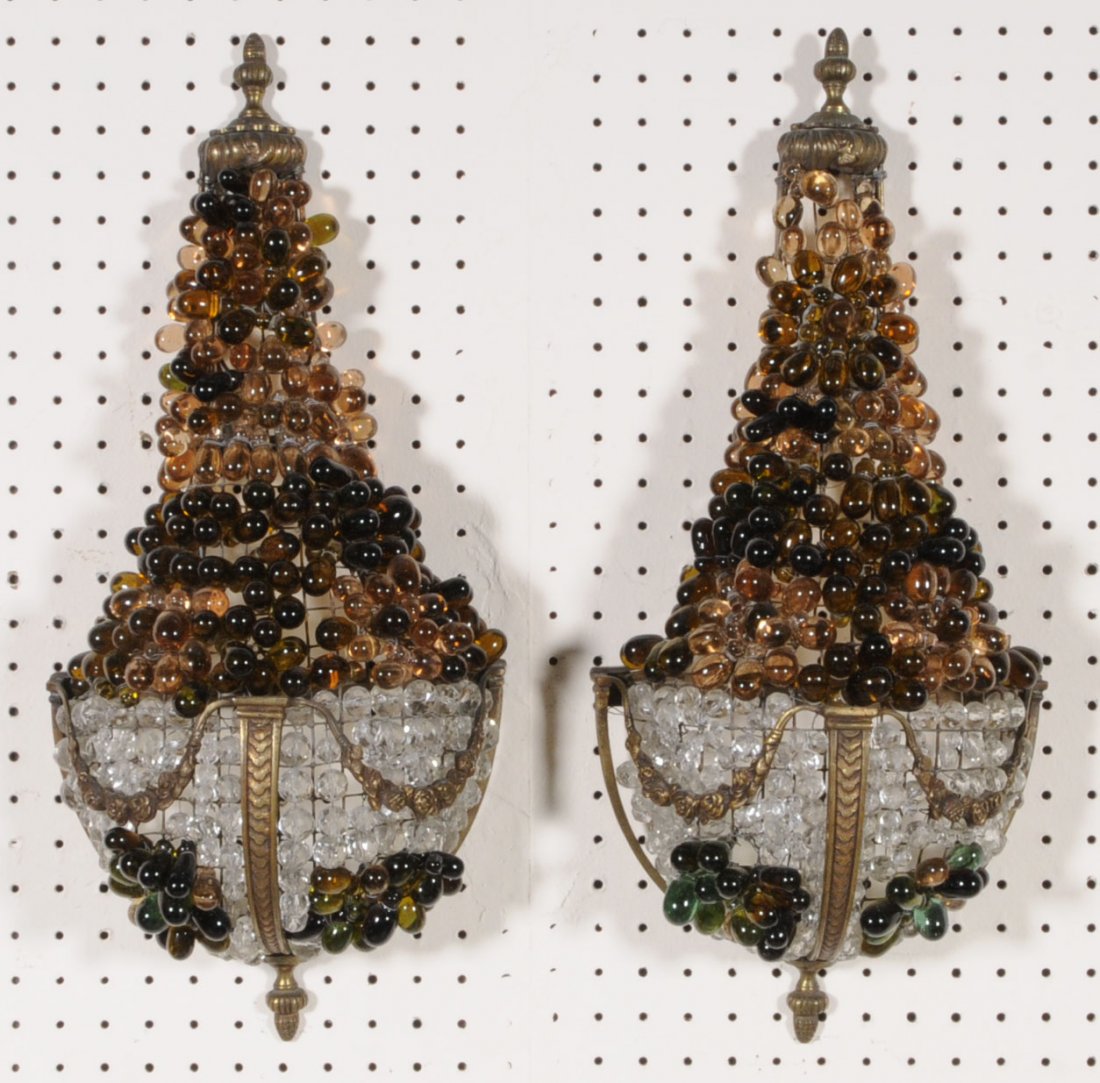 PR. OF ORMOLU BASKET DESIGN WALL SCONCES. GRAPE DE: PR. OF ORMOLU BASKET DESIGN WALL SCONCES. GRAPE DECORATION. 22 1/2" H X 10" W X 5" D. (TK)