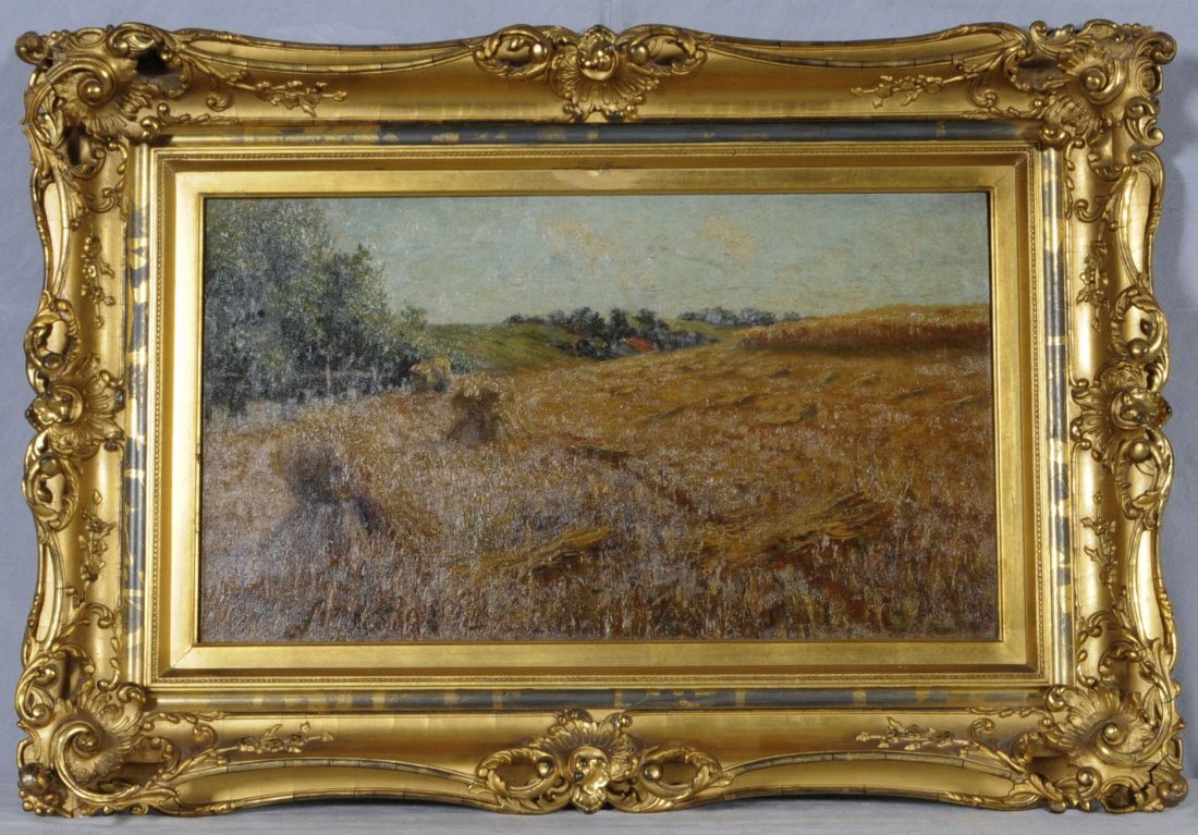 OIL PTG. CNV OF A LANDSCAPE SCENE DEPICTING A WHEA: OIL PTG. CNV OF A LANDSCAPE SCENE DEPICTING A WHEAT FIELD, SIGNED ALBERT WILLIAMS. GILT FRAME. 12" H X 20 1/2" W.