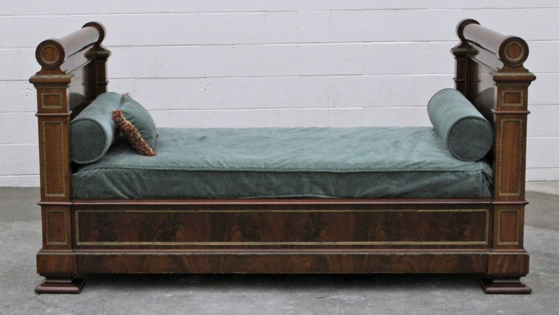 19TH C. FRENCH EMPIRE DAY BED. FLAME MAHOGANY W/ B: 19TH C. FRENCH EMPIRE DAY BED. FLAME MAHOGANY W/ BRONZE MOUNTS. CUSTOM BOX SPRINGS & MATTRESS. 44" H X 84" W X 44 1/2" D. INSIDE MEASUREMENTS 75" W X 38" D.