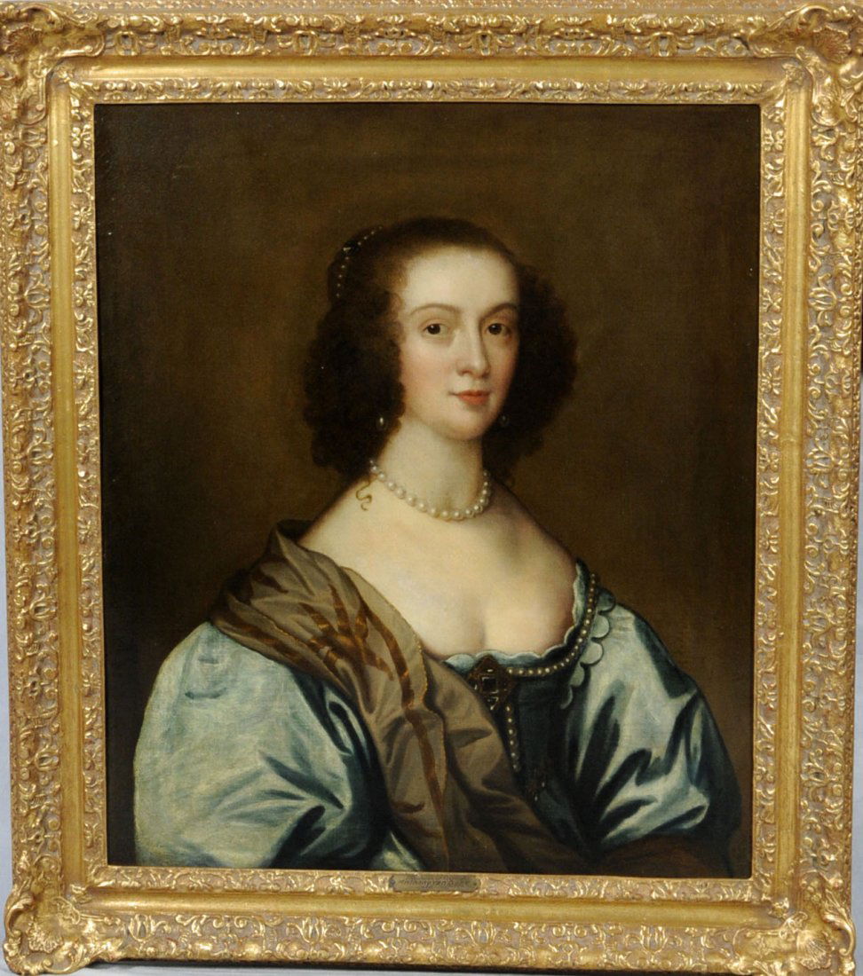 ANTIQUE OIL PTG. CNV. OF THE COUNTESS OF OXFORD. D: ANTIQUE OIL PTG. CNV. OF THE COUNTESS OF OXFORD. DIANA CECIL IN THE MANNER OF SIR ANTHONY VAN DYCK (ANTWERPEN 1599-1641). COUNTESS WEARING A GREEN SILK DRESS W/ A BROWN WRAP. PEARL EARRINGS & NECKLACE