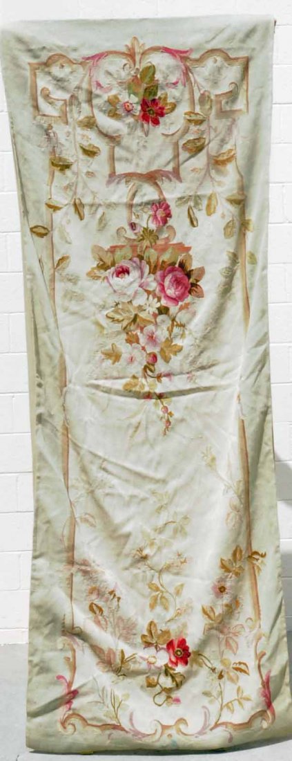 AUBUSSON STYLE PANEL. RED FLORAL PATTERN W/ BEIGE: AUBUSSON STYLE PANEL. RED FLORAL PATTERN W/ BEIGE & GREEN BACKGROUND. 3' 5" X 9' 4".(TK)