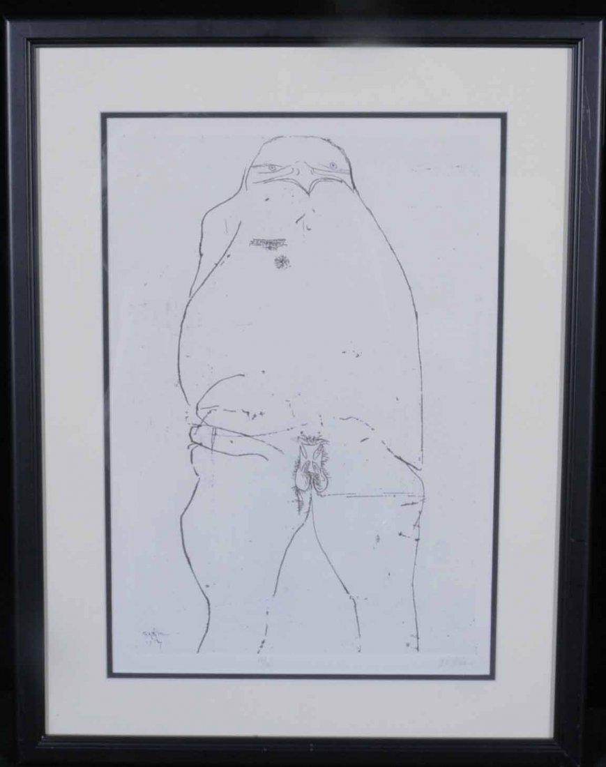 LEONARD BASKIN LITHOGRAPH OF A BIRD. (AMERICAN 192: LEONARD BASKIN LITHOGRAPH OF A BIRD. (AMERICAN 1922-2000). SIGNED. LTD. ED. 50/300. BLACK FRAME. 18 3/4" H X 12 3/4" W.