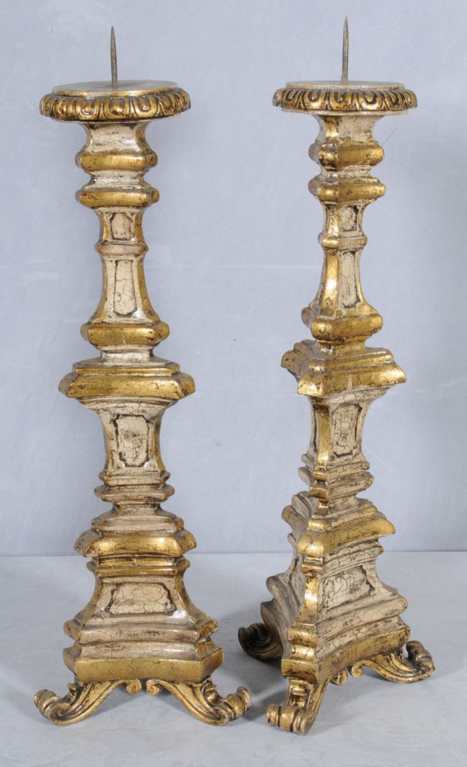 PR. ITALIAN WOOD CARVED ALTAR STICKS. TRIPOD COLUM: PR. ITALIAN WOOD CARVED ALTAR STICKS. TRIPOD COLUMN & BASE RESTING ON SCROLLED LEGS. 27 1/4" H X 9 1/2" SQ. (TK)
