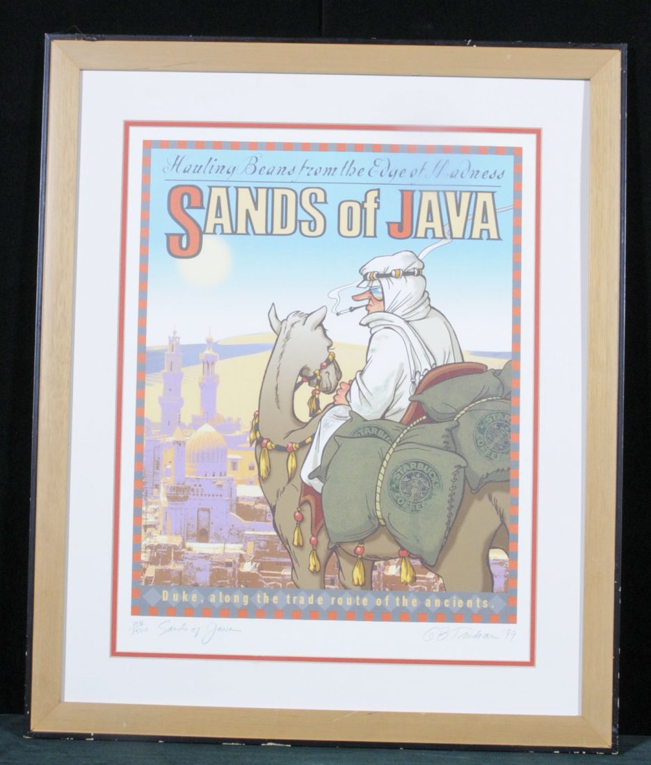 POSTER ENTITLED "SANDS OF JAVA" SIGNED GARY TRUDEA: POSTER ENTITLED "SANDS OF JAVA" SIGNED GARY TRUDEAU. LTD. ED. # 718/1500. FRAMED. 21 3/4" H X 17" W.