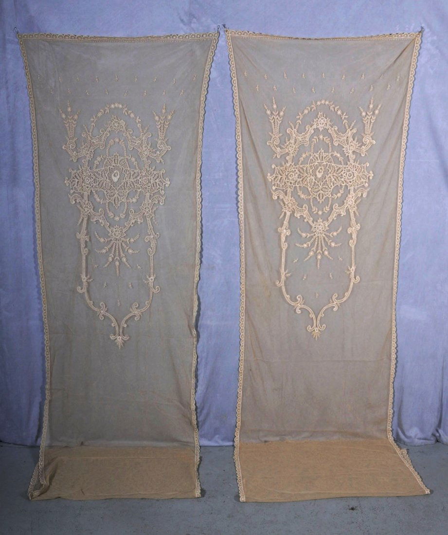 8 LONG LACE ECRU COLORED PANELS. 130" L X 38" W.: 8 LONG LACE ECRU COLORED PANELS. 130" L X 38" W. (TK)