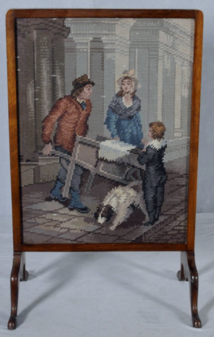 ENGLISH WALNUT NEEDLEPOINT FIRE SCREEN. 27 1/4" H: ENGLISH WALNUT NEEDLEPOINT FIRE SCREEN. 27 1/4" H X 16 3/4" W. (TK).