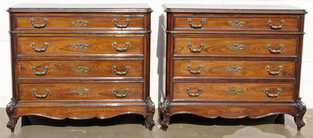 ANTIQUE PR. OF FRENCH FRUITWOOD CHESTS. FOUR DRAWE: ANTIQUE PR. OF FRENCH FRUITWOOD CHESTS. FOUR DRAWERS, RESTING ON CABRIOLE LEGS. BRONZE HANDLES ON THE DRAWERS W/ BLACK MARBLE TOPS. 43" H X 49" W X 23" D. (TK)