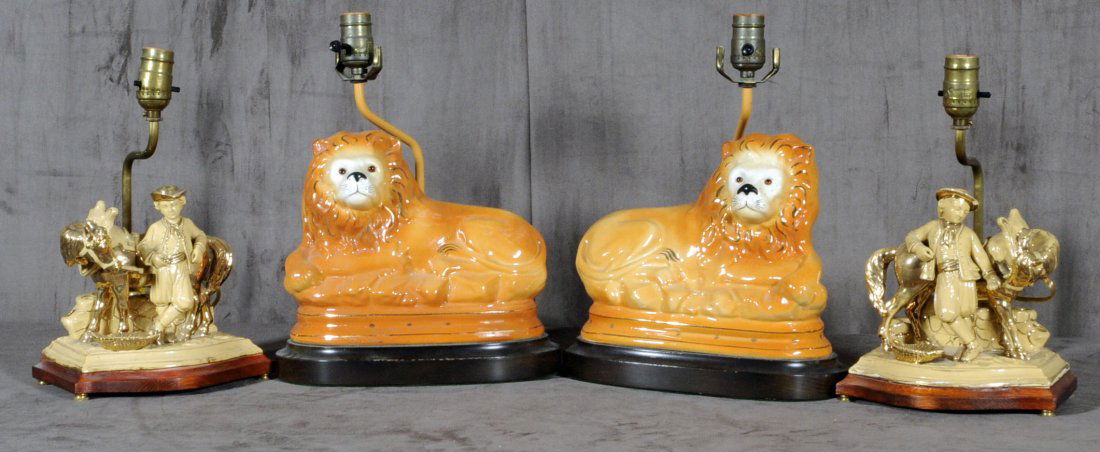 2 PAIRS OF LAMPS. PAIR OF STAFFORDSHIRE LIONS & A: 2 PAIRS OF LAMPS. PAIR OF STAFFORDSHIRE LIONS & A PR. OF CERAMIC HORSE & RIDERS. 7" H X 7 1/2" W & 8 1/2" H X 10 1/4" W. (TK)