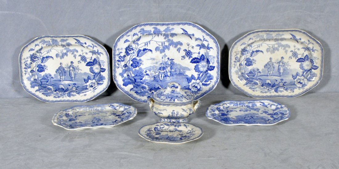 7 ANT. ENGLISH IRONSTONE BLUE & WHITE SERVING PCS. C: 7 ANT. ENGLISH IRONSTONE BLUE & WHITE SERVING PCS. CONSISTING OF FIVE TRAYS, A COVERED SAUCE BOWL AND AN UNDERPLATE. PATTERN "MANDARIN OPAQUE CHINA." 1 3/4" H X 14 3/4" X 11" D