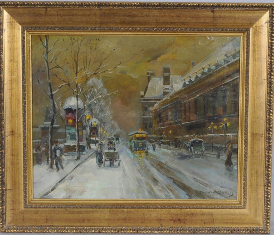 OIL PTG. CNV. 0F A WINTER PARIS STREET SCENE. SIGNE: OIL PTG. CNV. 0F A WINTER PARIS STREET SCENE. SIGNED EDOUARD CORTES. 16" H X 20" W.