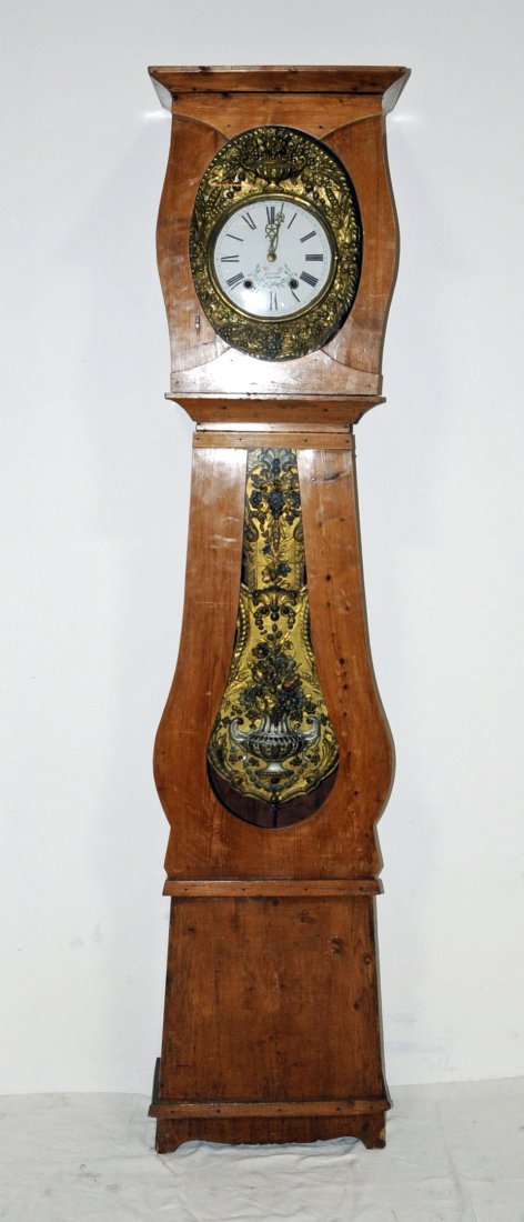 ANTIQUE FRENCH PINE TALL CASE CLOCK. BRASS MOBE MOV: ANTIQUE FRENCH PINE TALL CASE CLOCK. BRASS MOBE MOVEMENT. PENDULUM HAS A VINTAGE DESIGN. 90" H X 19 1/2" W X 8" D. (TK)