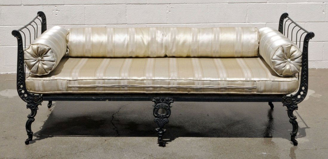 ANTIQUE FRENCH WROUGHT IRON CAMPAIGNE BED. SCROLL: ANTIQUE FRENCH WROUGHT IRON CAMPAIGNE BED. SCROLL DESIGN FRAME. MATTRESS & PILLOWS. 31" H X 76 1/2" W X 36" D.