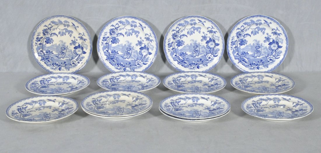 14 ANTIQUE BLUE & WHITE IRONSTONE SHALLOW BOWLS. ": 14 ANTIQUE BLUE & WHITE IRONSTONE SHALLOW BOWLS. "MANDARIN OPAQUE CHINA" PATTERN. CIRCA 1850. 8 3/4" DIA.