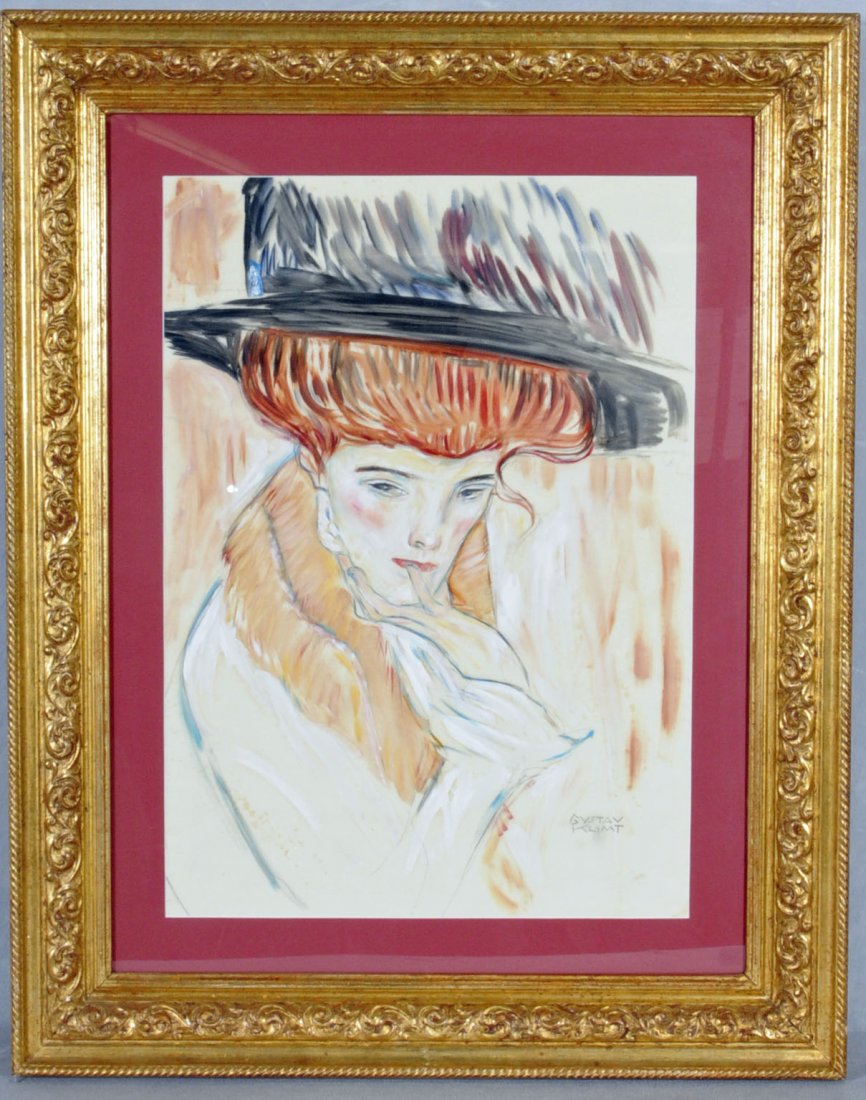 WATERCOLOR ON PAPER DEPICTING A LADY WEARING A BLA: WATERCOLOR ON PAPER DEPICTING A LADY WEARING A BLACK HAT. SIGNED GUSTAV KLIMT. GILT FRAME. 27" H X 19" W.