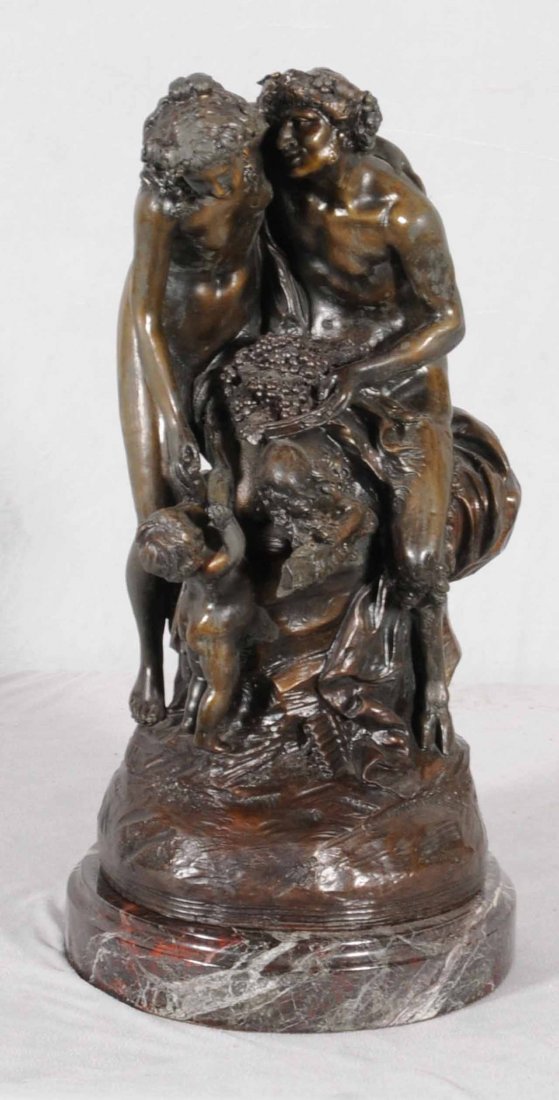 CONTEMPORARY BRONZE ALLEGORICAL GROUP.: CONTEMPORARY BRONZE ALLEGORICAL FIGURAL GROUP. SIG. AFTER CLODION. ROUGE MARBLE BASE. 19" H X 9" DIA.