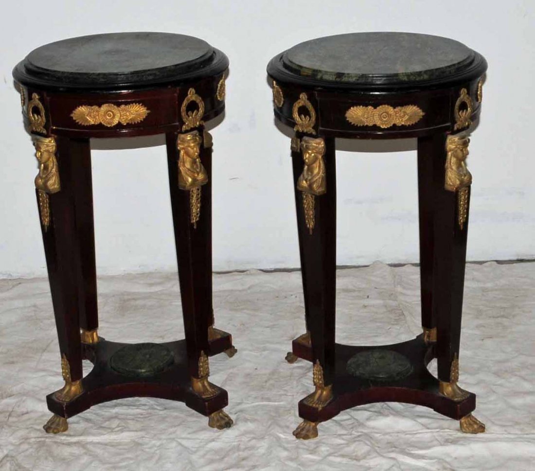 PR EGYPTIAN RD EMPIRE STYLE MARBLE STANDS: PR EGYPTIAN ROUND EMPIRE STYLE MARBLE STANDS. GREEN INSET MARBLE TOPS & FIGURAL ORMOLU MOUNTS. SQUARE TAPERED LEGS. 31 1/2" H X 18 1/4"DIA. (TK)