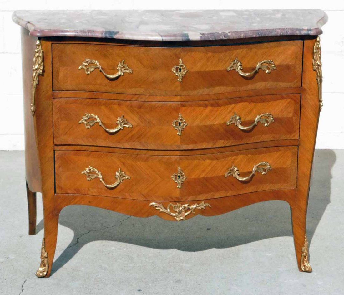MARBLE TOP SERPENTINE SECRETARY COMMODE: MARBLE TOP SERPENTINE SHAPED SECRETARY COMMODE. LOUIS XV STLYE. TOP DRAWER IS A FALL FRONT DESK. ORMOLU MOUNTS. 34 1/2" H X 45" W X 20 1/4" D.