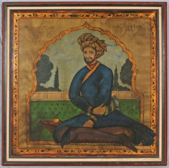 OIL PAINTING ON CANVAS OF A MIDDLE EASTERN MAN SITT: OIL PAINTING ON CANVAS OF A MIDDLE EASTERN MAN SITTING W/ HIS LEGS CROSSED . GOOD. 36" H X 36" W. (TK)
