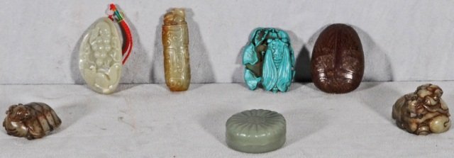 7 PCS. CHINESE CARVED JADE, TURQOUISE, & SOAPSTONE.: 7 PCS. CHINESE CARVED JADE, TURQOUISE, & SOAPSTONE.CONSISTING OF A BOX, 3 ANIMALS, A MOTH ON A LILLY PAD & 2 OTHER CARVINGS. GOOD. LG.= 3 1/4" H & SM. = 2" H.