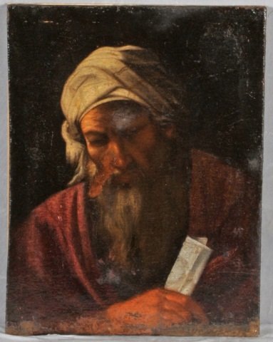18TH C. OIL ON CANVAS OVER BOARD OF A MAN. DEPICT: 18TH C. OIL ON CANVAS OVER BOARD OF A MAN. DEPICTING A MAN WEARING A WHITE TURBAN & RED CLOAK. UNFRAMED. RESTORED. 24 1/2" H X 19" W.