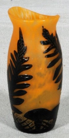 FRENCH ART GLASS VASE. ORANGE BACKGROUND W/ A DARK: FRENCH ART GLASS VASE. ORANGE BACKGROUND W/ A DARK FERN & LEAF DECORATION. SHAPED LIP. GOOD. 5 1/4" H X 2 1/2" DIA.