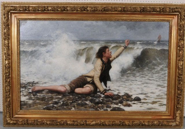 LG. OIL PAINTING DEPICTING A FIGURE STRANDED ON A: LG. OIL PAINTING DEPICTING A FIGURE STRANDED ON A BEACH. AFTER E. FORCADE. DATED 1892. GILT WOOD FRAME. RELINED. 36 1/4" H X 57 1/2" W.