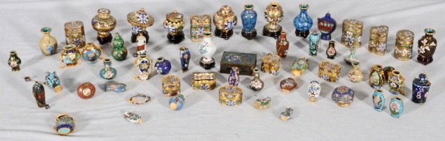 58 MINIATURE MULTI-COLORED CLOISONNE ENAMEL BOWLS, : 58 MINIATURE MULTI-COLORED CLOISONNE ENAMEL BOWLS, VASES & BOXES. (AS) GOOD.