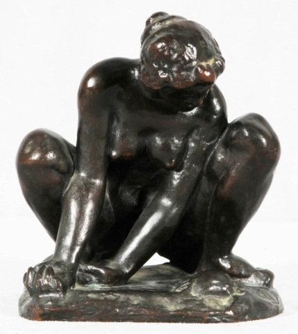 ARISTIDE MAILLOL BRONZE SCULPTURE ENTITLED "LE FEM: ARISTIDE MAILLOL BRONZE SCULPTURE ENTITLED "LE FEMME AU CRAB" FROM HIS STUDIO (WORKSHOP). THE NAME ARISTIDE MAILLOL, THE SCULPTURE IS SIGNED TWICE ON THE TOP OF THE BASE, ONCE BY MAILLOL AND ONCE BY A