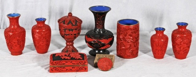 9 PCS OF RED CINNABAR LACQUER. CONSISTING OF VASES: 9 PCS OF RED CINNABAR LACQUER. CONSISTING OF VASES, COVERED BOWLS, BOX ETC. GOOD. 8 1/4" H X 5" DIA. (AS)