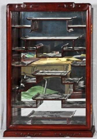 CHINESE TEAKWOOD WALL DISPLAY CABINET GOOD. 32" X: CHINESE TEAKWOOD WALL DISPLAY CABINET. GOOD. 32" X 21" X 3.75" (AS)