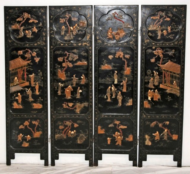 ANTIQUE CHINESE 4 PANEL BLACK LACQUER SCREEN. FIGU: ANTIQUE CHINESE 4 PANEL BLACK LACQUER SCREEN. FIGURAL AND LANDSCAPE DECORATION. THE FIGURES HAVE IVORY FACES, MOTHER OF PEARL HANDS, & LACQUER CLOTHS. FLORAL DESIGN ON THE REVERSE SIDE. SOME DAMAGE TO