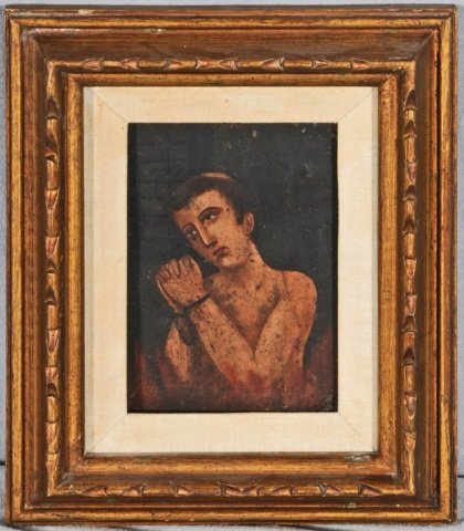SMALL OIL PTG. ON TIN DEPICTING A MAN IN CHAINS. : SMALL OIL PTG. ON TIN DEPICTING A MAN IN CHAINS. AS IS. 5 1/2" H X 7 1/2" W .