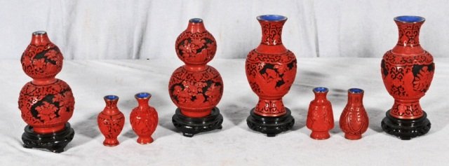 8 RED CINNABAR VASES WITH FLORAL DECORATION. 4 LA: 8 RED CINNABAR VASES WITH FLORAL DECORATION. 4 LARGE AND 4 SMALL. GOOD. 6'" X 3" DIA. & 3" X 1 1/2"DIA.(AS)