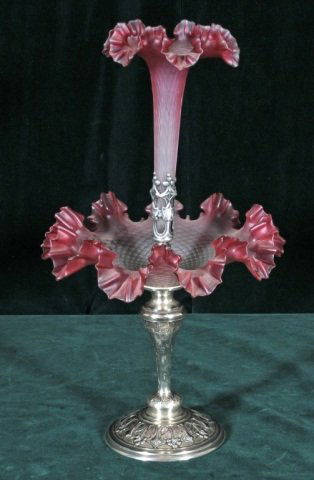 82: ANTIQUE VICTORIAN SILVER PLATED AND blue opaline glass epegne with 4 flutes