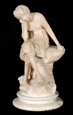 ITALIAN CARVED ALABASTER FIGURE OF A SEATED LADY.: ITALIAN CARVED ALABASTER FIGURE OF A SEATED LADY. RESTING ON A ROUND MARBLE BASE. GOOD. 16 1/2" H X 8 1/2" DIA.