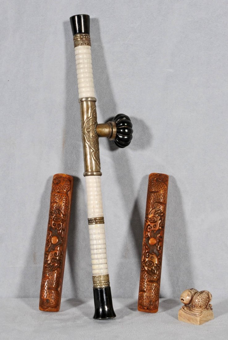 4 CHINESE PCS. CONSISTING OF AN IVORY PIPE: 4 CHINESE PCS. CONSISTING OF AN IVORY PIPE WITH WOOD AND METAL TRIM; 2 CARVED SOAPSTONE BARS; AND A SOAPSTONE DOUBLE FISH. CHOP MARK. PIPE 16 1/2" LONG.