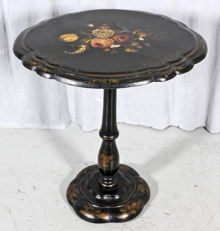 ANTIQUE ENGLISH PAPIER-MACHE TILT TOP TABLE. PAINTED FL: ANTIQUE ENGLISH PAPIER-MACHE TILT TOP TABLE. PAINTED FLORAL & MOTHER OF PEARL DECORATION. GOOD. 25 1/2" H X 23 3/4" X 19" D.