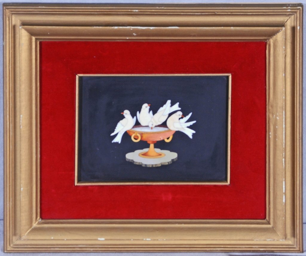 FRAMED PIETRA DURA PLAQUE OF BIRDS DRINKING FROM A BIRD: FRAMED PIETRA DURA PLAQUE OF BIRDS DRINKING FROM A BIRD BATH. GILT FRAMED. GOOD. 5 1/2" H X 7 1/2" W.