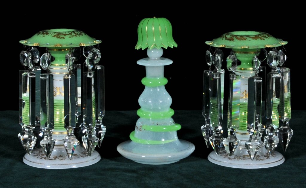 3 PC. OPALINE GLASS VANITY/DRESSER SET. CONSISTING OF A: 3 PC. OPALINE GLASS VANITY/DRESSER SET. CONSISTING OF A PAIR OF WHITE & GREEN LUSTRES & A MATCHING PERUME BOTTLE. GOOD. 7" H X 4 1/2" W.