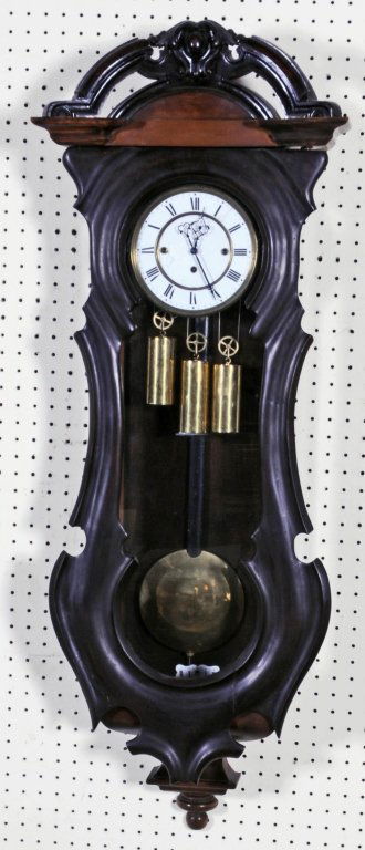 ANTIQUE WALNUT REGULATOR WALL CLOCK . SHAPED CASE. 3 WE: ANTIQUE WALNUT REGULATOR WALL CLOCK . SHAPED CASE. 3 WEIGHTS. CLOCK NOT WORKING. FACE CRACKED. 45 1/2" H X 16 1/2" W.