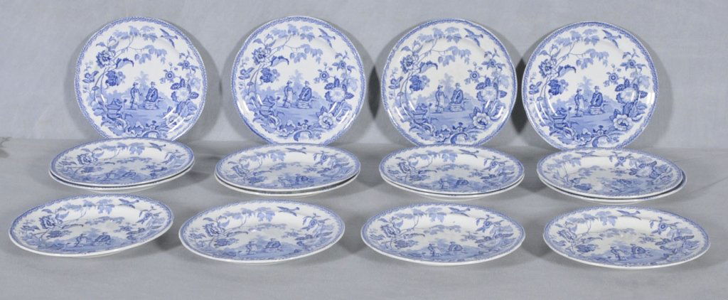 16 ANTIQUE BLUE & WHITE IRONSTONE PLATES. "MANDARIN OPA: 16 ANTIQUE BLUE & WHITE IRONSTONE PLATES. "MANDARIN OPAQUE" CHINA PATTERN. CIRCA 1850. TOPS FINE. 3 SM. CHIPS, BOTTOMS. 10 1/8" DIA.