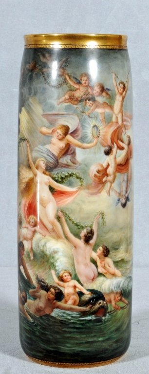 ANTIQUE BELLEEK PORCELAIN VASE. PAINTED ALL AROUND SCEN: ANTIQUE BELLEEK PORCELAIN VASE. PAINTED ALL AROUND SCENE, AFTER "THE BIRTH OF VENUS" BY CASPER-PHILIPP. GOOD. 16 1/4" H X 5 1/4" DIA.